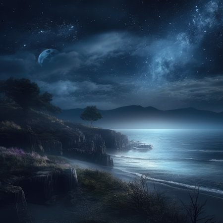 Starry night sky over rocky and green island in sea, created using generative ai technology. Fairy tale, dream, mythology and historical fantasy concept digitally generated image.の素材