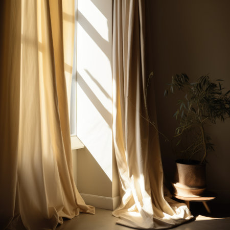 Beige curtains hanging in room with window, created using generative ai technology. Interior design, home decor and fabric concept digitally generated image.の素材