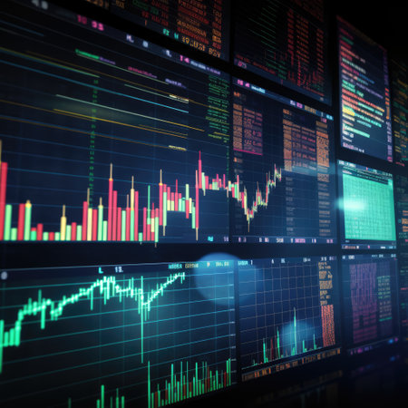 Financial stock market data displayed on screens, created using generative ai technology. Global business, stock exchange, trading, finance and stock market concept digitally generated image.の素材