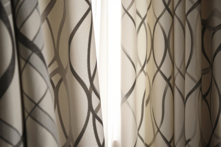 White curtains with patterns hanging in room with window, created using generative ai technology. Interior design, home decor and fabric concept digitally generated image.の素材