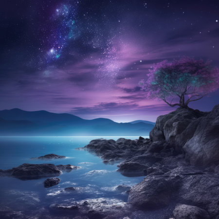 Starry night sky over rocky and green island in sea, created using generative ai technology. Fairy tale, dream, mythology and historical fantasy concept digitally generated image.の素材