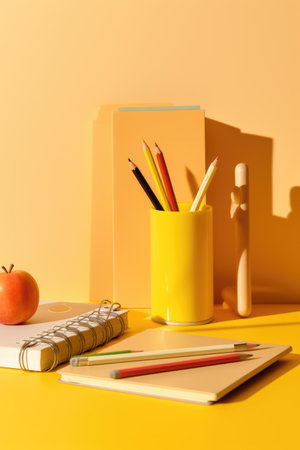 Close up of school items on yellow table, created using generative ai technology. Back to school, learning, creativity and education concept digitally generated image.の素材