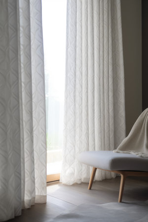 White curtains with patterns hanging in room with window, created using generative ai technology. Interior design, home decor and fabric concept digitally generated image.の素材