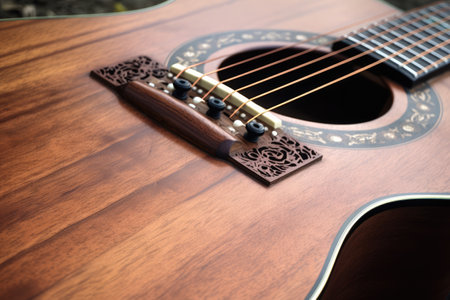 Close up of an acoustic guitar, created using generative ai technologyの素材