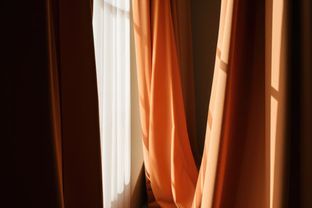 Orange curtains hanging in room with window, created using generative ai technology. Interior design, home decor and fabric concept digitally generated image.の素材