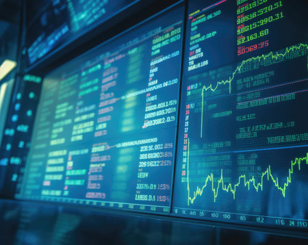 Financial stock market data displayed on screens, created using generative ai technology. Global business, stock exchange, trading, finance and stock market concept digitally generated image.の素材