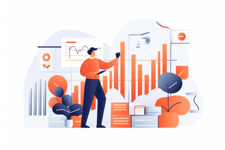 Illustration of male broker and stock exchange data, created using generative ai technology. Global business, stock exchange, trading, finance and stock market concept digitally generated image.の素材