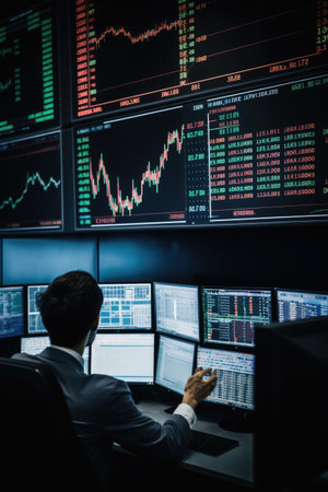 Rear of male broker and stock exchange data on screens, created using generative ai technology. Global business, stock exchange, trading, finance and stock market concept digitally generated image.の素材