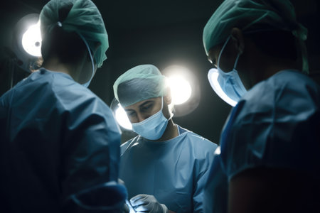 Busy diverse surgeons with face masks at surgery, created using generative ai technology. Medicine, healthcare, digitally generated image.の素材