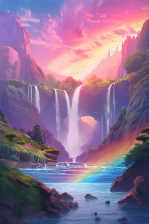 Fantasy landscape with rainbow, waterfalls and mountains created using generative ai technology. Fantasy, imagination and colour concept digitally generated image.の素材