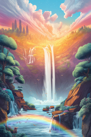 Fantasy landscape with rainbow, waterfalls and trees created using generative ai technology. Fantasy, imagination and colour concept digitally generated image.の素材