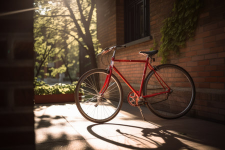 Red bike by building brick wall in city street, created using generative ai technology. Urban lifestyle and green eco transport concept digitally generated image.の素材