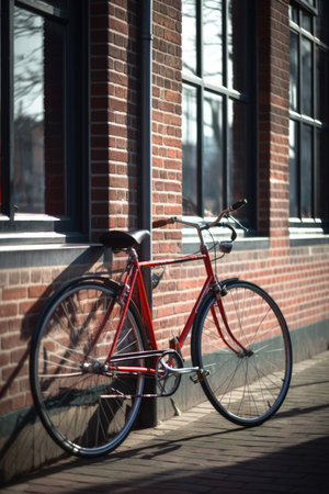 Red bike leaning against building wall in city street, created using generative ai technology. Urban lifestyle and green eco transport concept digitally generated image.の素材