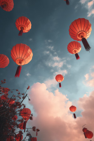 Multiple lighted chinese lanterns over tree and sky created using generative ai technology. Chinese tradition, celebration and light concept digitally generated image.の素材