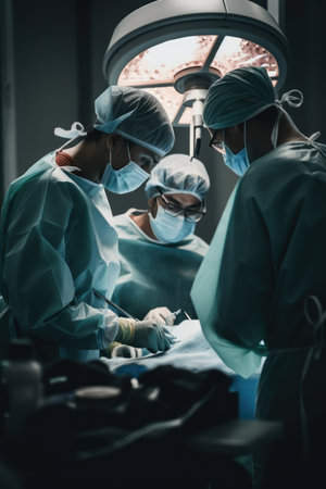 Busy diverse surgeons with face masks at surgery, created using generative ai technology. Medicine, healthcare, digitally generated image.の素材