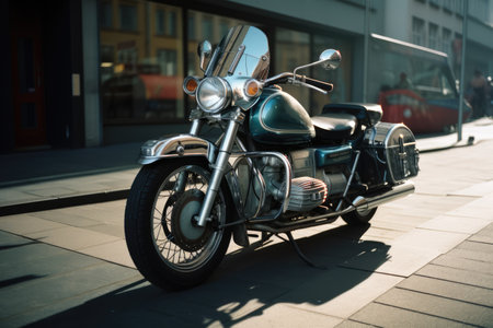 Green motorbike in city street, created using generative ai technology. Motorbike, travel and transport concept digitally generated image.の素材