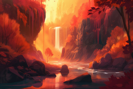 Fantasy landscape with waterfall and river in forest created using generative ai technology. Fantasy, imagination and colour concept digitally generated image.の素材