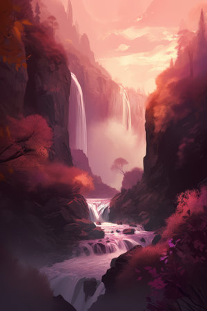 Fantasy landscape with waterfalls, river and mountains created using generative ai technology. Fantasy, imagination and colour concept digitally generated image.の素材