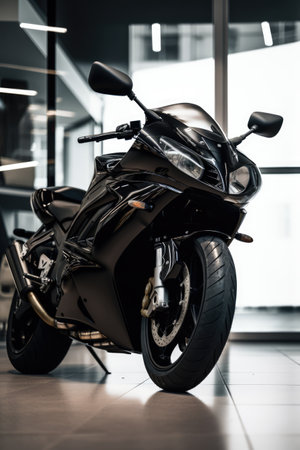 Black motorbike in showroom, created using generative ai technology. Motorbike, travel and transport concept digitally generated image.の素材
