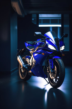 Blue motorbike in garage, created using generative ai technology. Motorbike, travel and transport concept digitally generated image.の素材