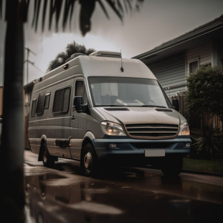 White camper van with house and tree in the background created using generative ai technology. Transport, travel and camping concept digitally generated image.の素材