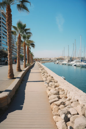 General view of promenade, buildings, palm trees and boats created using generative ai technology. Travel, sailing and seaside concept digitally generated image.の素材