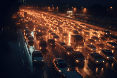 Busy street in city at night with traffic jam, created using generative ai technology. Busy city, car, traffic, digitally generated image.の素材