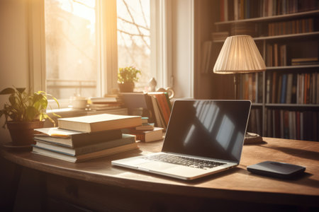 Laptop on table with books in library, created using generative ai technology. Technology, education, digitally generated image.の素材