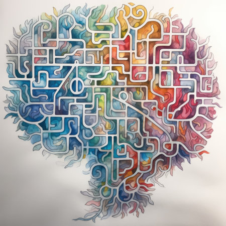Colourful labyrinth on white background, created using generative ai technology. Mental, health, brain, digitally generated image.の素材