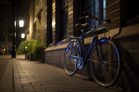 Blue bike leaning against building wall in city street, created using generative ai technology. Urban lifestyle and green eco transport concept digitally generated image.の素材