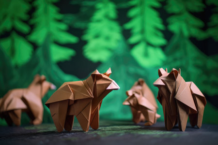 Close up of brown origami figures of bears, created using generative ai technology. Origami, art and japanese tradition concept digitally generated image.の素材