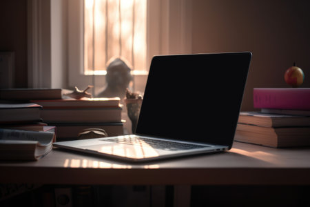 Laptop on table with books in library, created using generative ai technology. Technology, education, digitally generated image.の素材