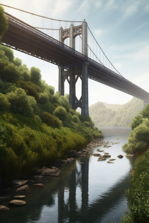 Bridge crossing river in forest over blue sky, created using generative ai technology. Building, construction, architecture, digitally generated video.の素材