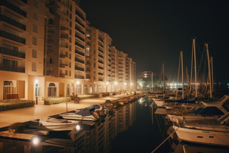 Port with sailing boats and buildings at night created using generative ai technology. Travel, sailing and seaside concept digitally generated image.の素材