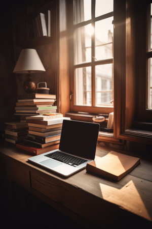 Laptop on table with books in library, created using generative ai technology. Technology, education, digitally generated image.の素材