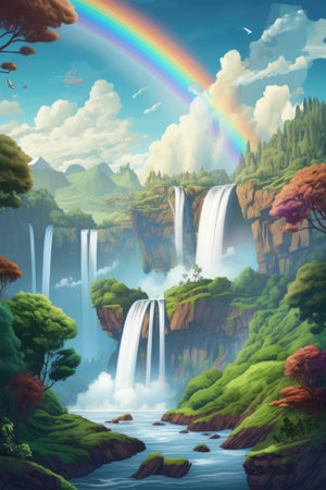 Fantasy landscape with rainbow, waterfalls and mountains created using generative ai technology. Fantasy, imagination and colour concept digitally generated image.の素材