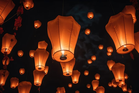 Multiple lighted chinese lanterns over sky with clouds created using generative ai technology. Chinese tradition, celebration and light concept digitally generated image.の素材