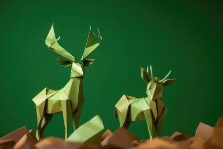 Close up of green origami figures of two elks, created using generative ai technology. Origami, art and japanese tradition concept digitally generated image.の素材