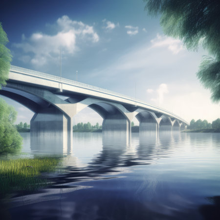 White modern bridge reflecting in river on sunny day, created using generative ai technology. Building, construction, architecture, digitally generated video.の素材