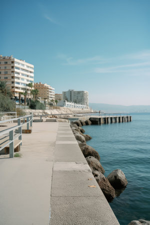 General view of promenade, buildings, sea and sky created using generative ai technology. Travel, sailing and seaside concept digitally generated image.の素材