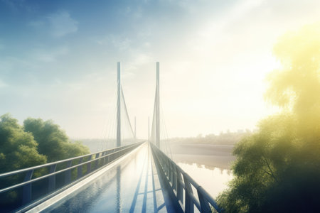 Wet modern bridge and trees on sunny day, created using generative ai technology. Building, construction, architecture, digitally generated video.の素材