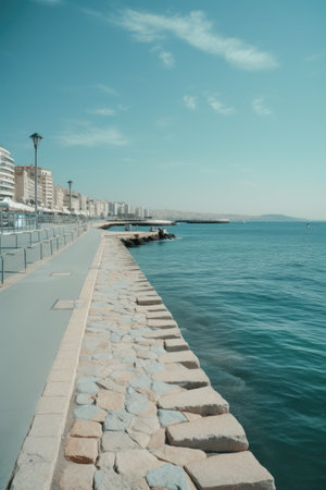 General view of promenade, buildings, sea and sky created using generative ai technology. Travel, sailing and seaside concept digitally generated image.の素材