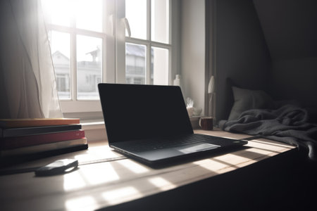Laptop on table with books at window, created using generative ai technology. Technology, education, digitally generated image.の素材