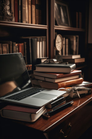 Laptop on table with books in library, created using generative ai technology. Technology, education, digitally generated image.の素材