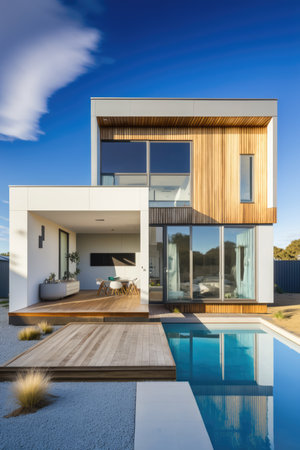 Modern mansion surrounded with swimming pool in garden, created using generative ai technology. Modern architecture, house and design concept digitally generated image.の素材