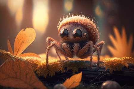 Cute brown spider with orange leaves over forest created using generative ai technology. Animals and nature concept digitally generated image.の素材