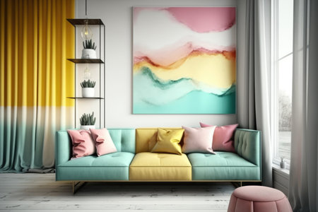 Yellow and pastel green retro sofa, cushions and painting, created using generative ai technology. Interior design, feminine, pastel colours vintage home decoration concept digitally generated image.の素材