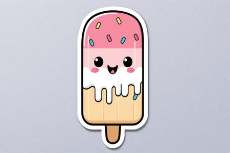 Composition of colorful kawaii cartoon ice-cream sticker on grey background. Stickers and pattern concept digitally generated image.の素材
