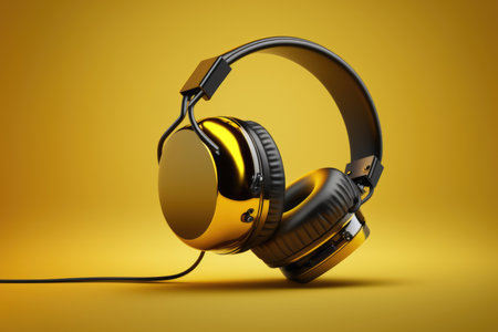 Close up of black headphones with wire on yellow background created using generative ai technology. Technology and music concept digitally generated image.の素材