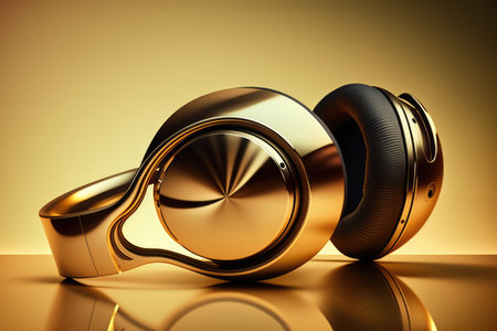 Close up of gold headphones on yellow background created using generative ai technology. Technology and music concept digitally generated image.の素材